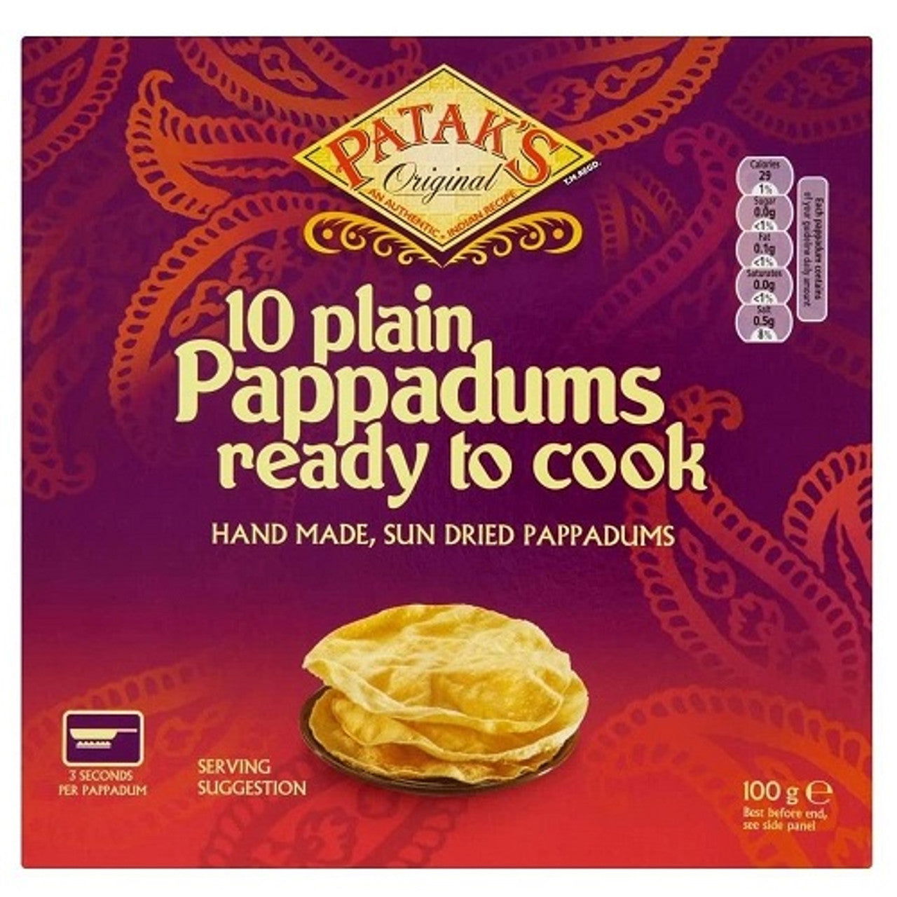 Pataks Plain Pappadums 100g (Case of 12) - Three Lions Pantry