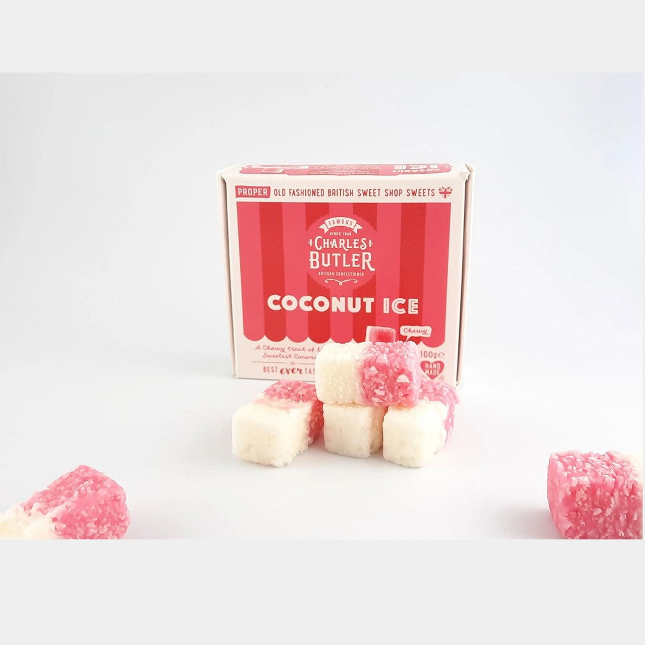 Charles Butler Coconut Ice Sweets Box 100g  (Case of 8) - Three Lions Pantry