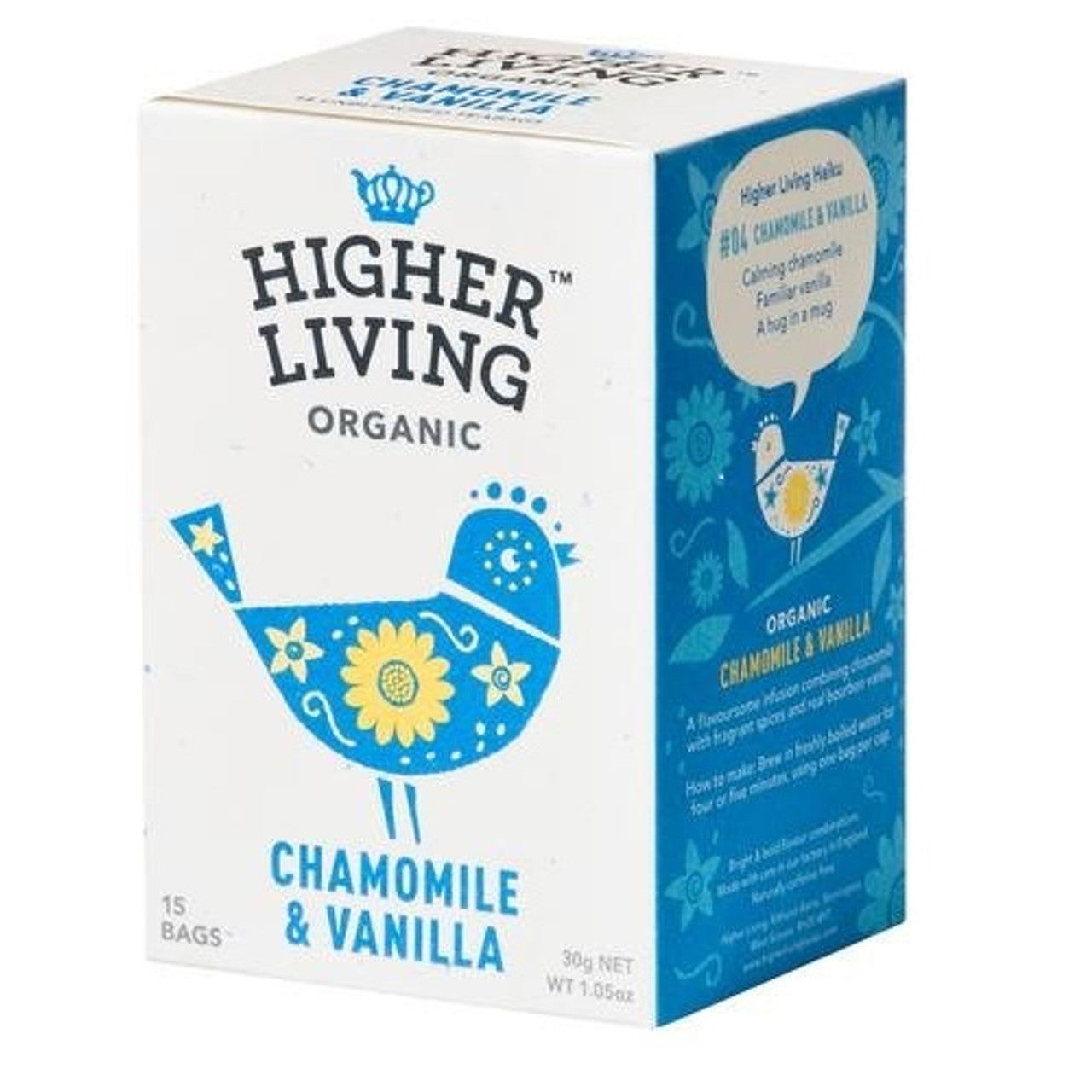 Higher Living Organic Chamomile & Vanilla 30g (15 Teabags)  (Case of 4) - Three Lions Pantry