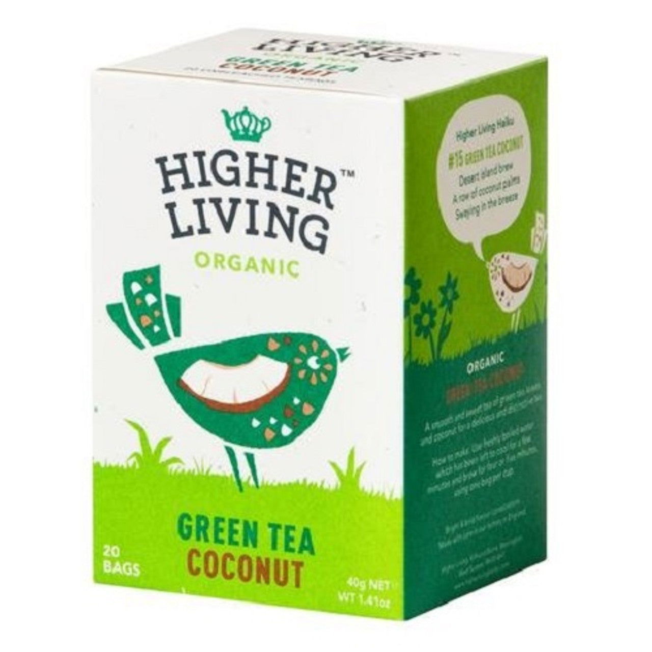 Higher Living Organic Green Tea Coconut 40g (20 Teabags)  (Case of 4) - Three Lions Pantry