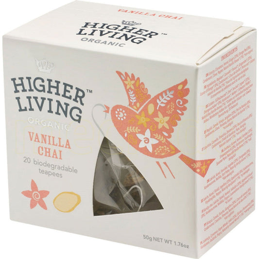Higher Living Organic Tea - Vanilla Chai 50g (20 Teabags)  (Case of 4) - Three Lions Pantry
