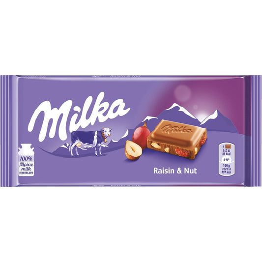 Milka Raisins & Nut Alpine Milk Chocolate 100g  (Case of 22) - Three Lions Pantry
