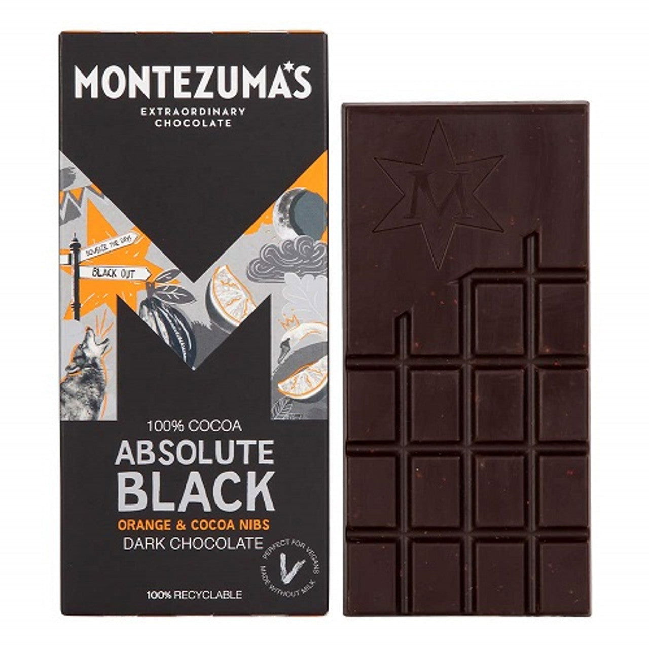 Montezuma's Absolute Black Dark Chocolate with Orange & Cocoa Nibs 90g Bar  (Case of 12) - Three Lions Pantry