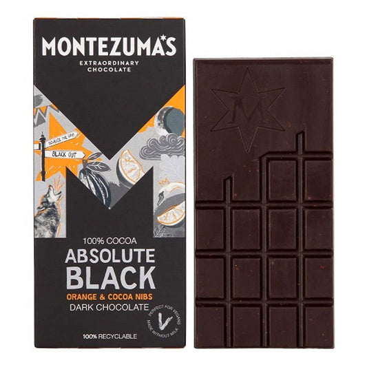 Montezuma's Absolute Black Dark Chocolate with Orange & Cocoa Nibs 90g Bar  (Case of 12) - Three Lions Pantry