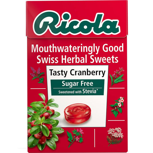 Ricola Tasty Cranberry with Vitamin C - Sugar Free Swiss Herbal Sweets 45g  (Case of 20) - Three Lions Pantry